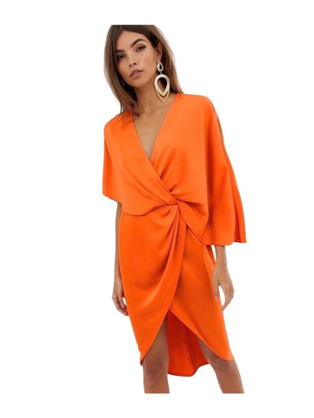 ASOS Kimono Midi Dress Size 6 V-Neck Wrap Asymmetrical Sleeve Satin Orange Party